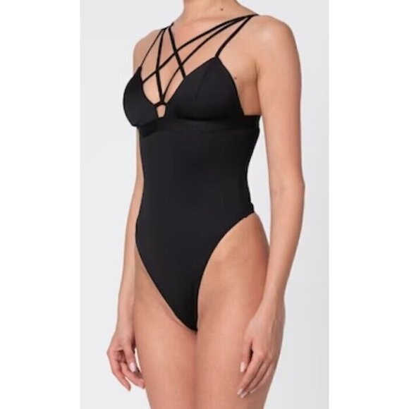New OW Intimates Patricija Bodysuit Womens M/8 Cross Top Tank Built in Bra Black - Picture 1 of 8
